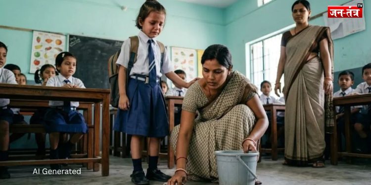 शर्मनाक: मासूम बच्ची की माँ से साफ कराई क्लासरूम की गंदगी!